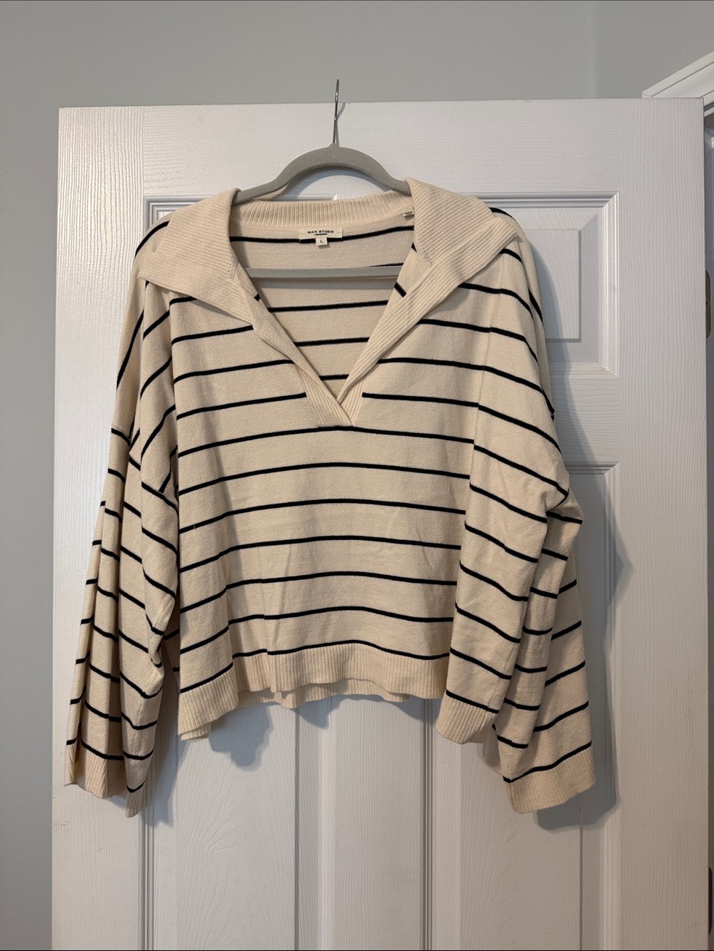 Max Studio Cream and Black Striped V-Neck Sweater